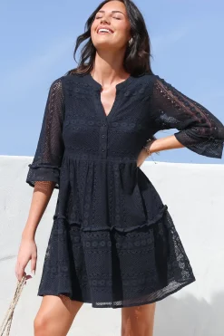 Emberly Mini Dress - Open-Work Lace Dress with Buttoned Bodice in Navy><noscript><img width=