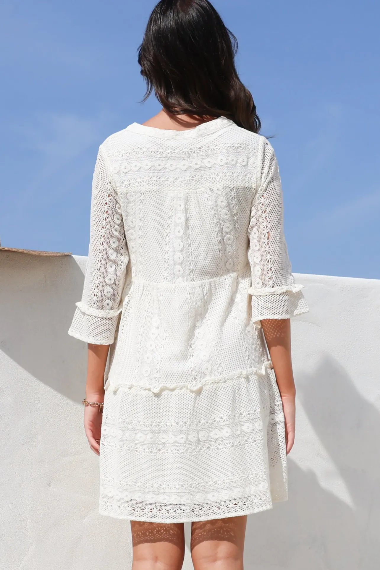 Emberly Mini Dress - Open-Work Lace Dress with Buttoned Bodice in Cream>Salty Crush Best