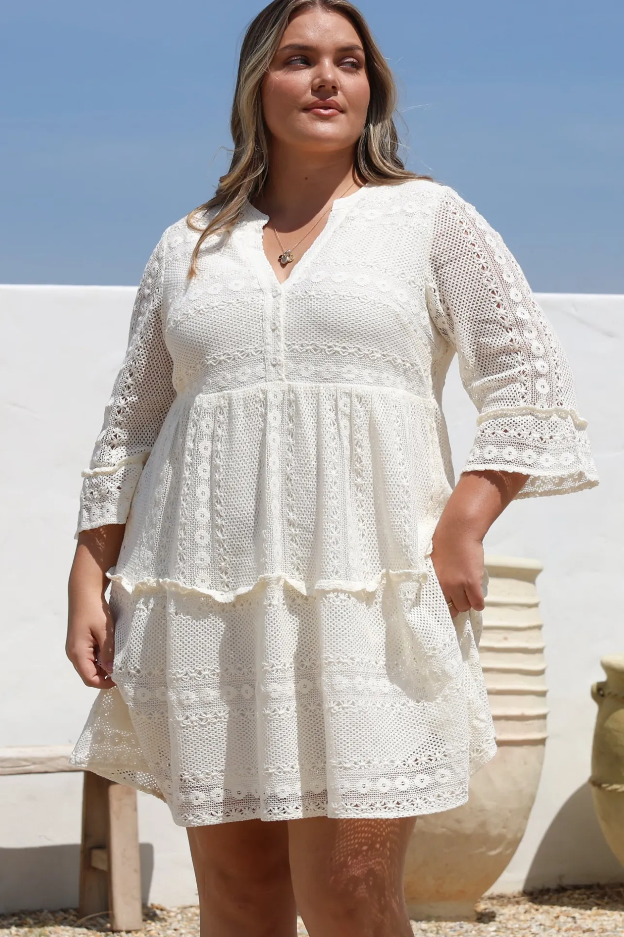 Emberly Mini Dress - Open-Work Lace Dress with Buttoned Bodice in Cream>Salty Crush Best