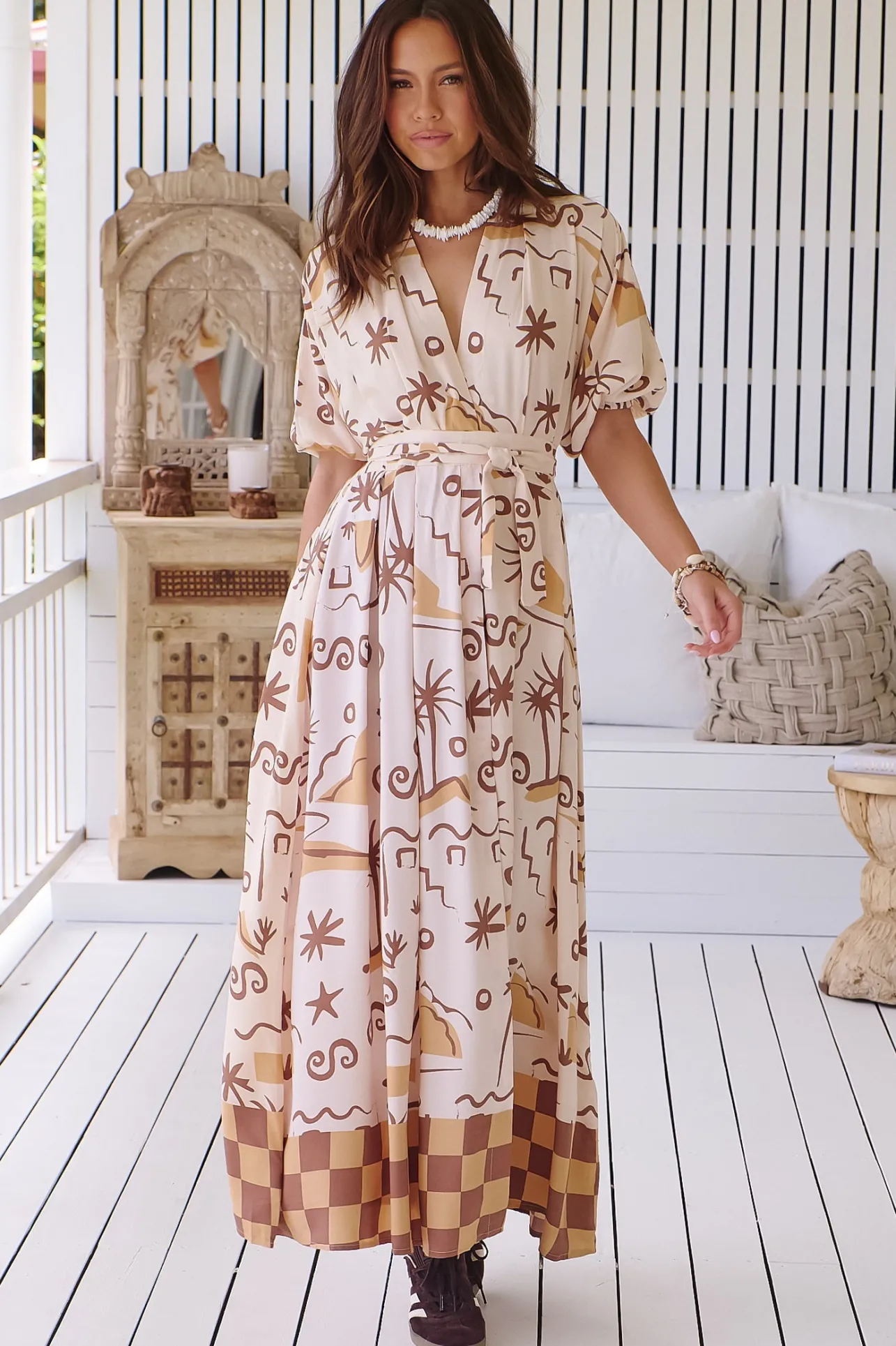 Emerson Wrap Maxi Dress - Balloon Sleeve Kimono Wrap Dress in Tuscan Sands Print>Jaase Hot