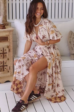 Emerson Wrap Maxi Dress - Balloon Sleeve Kimono Wrap Dress in Tuscan Sands Print>Jaase Hot