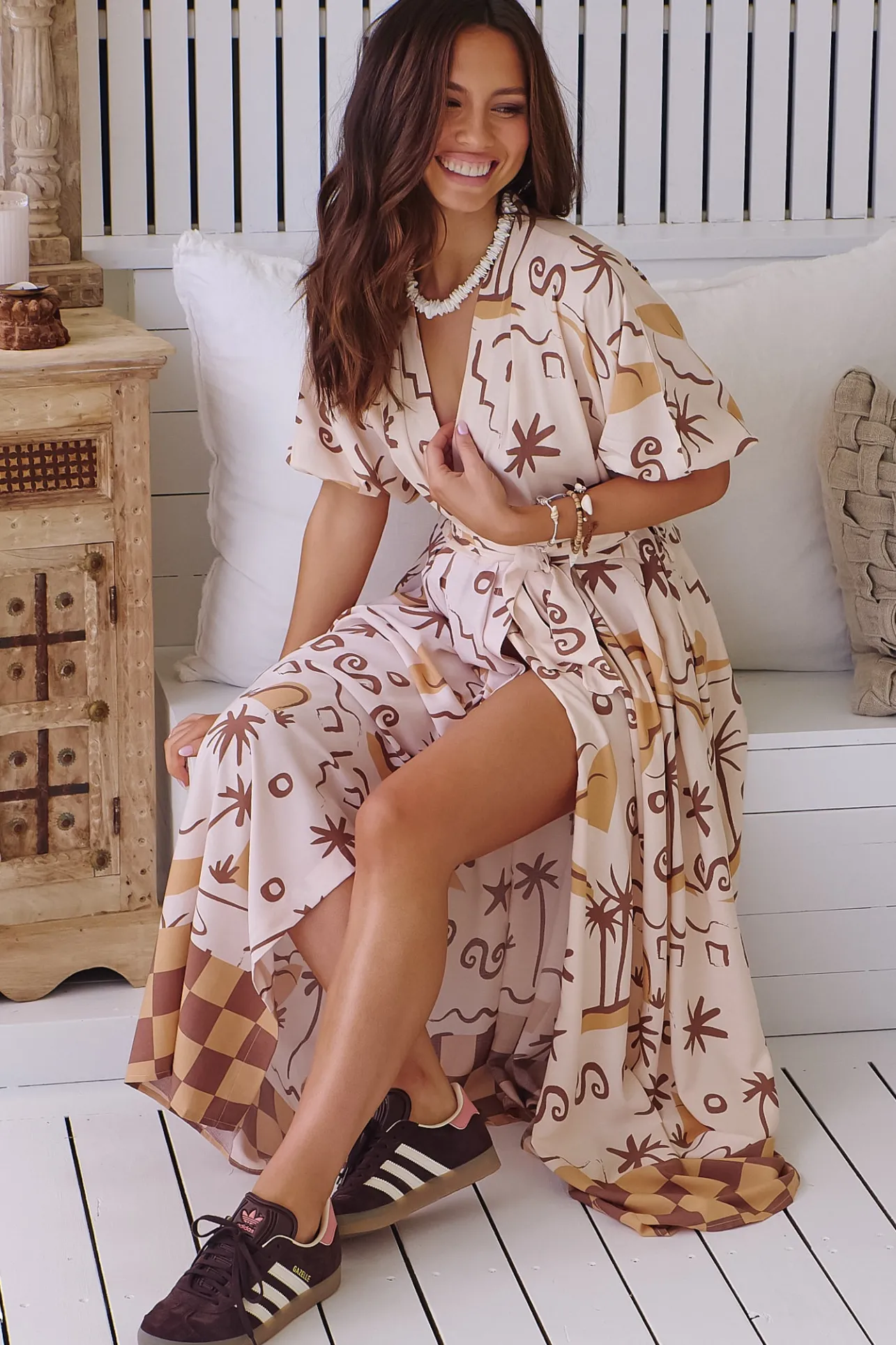 Emerson Wrap Maxi Dress - Balloon Sleeve Kimono Wrap Dress in Tuscan Sands Print>Jaase Hot