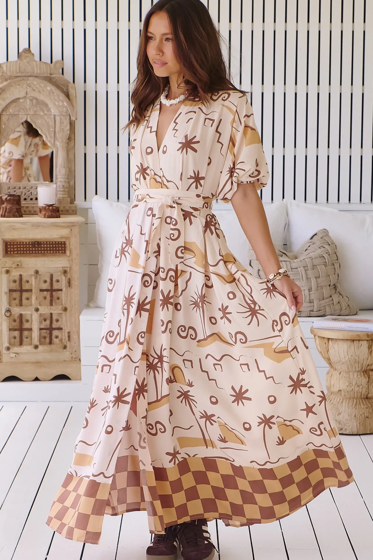 Emerson Wrap Maxi Dress - Balloon Sleeve Kimono Wrap Dress in Tuscan Sands Print>Jaase Hot