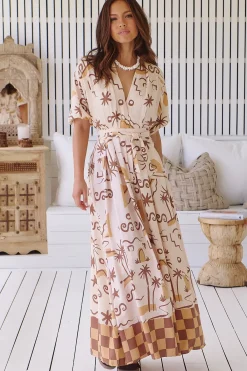 Emerson Wrap Maxi Dress - Balloon Sleeve Kimono Wrap Dress in Tuscan Sands Print><noscript><img width=