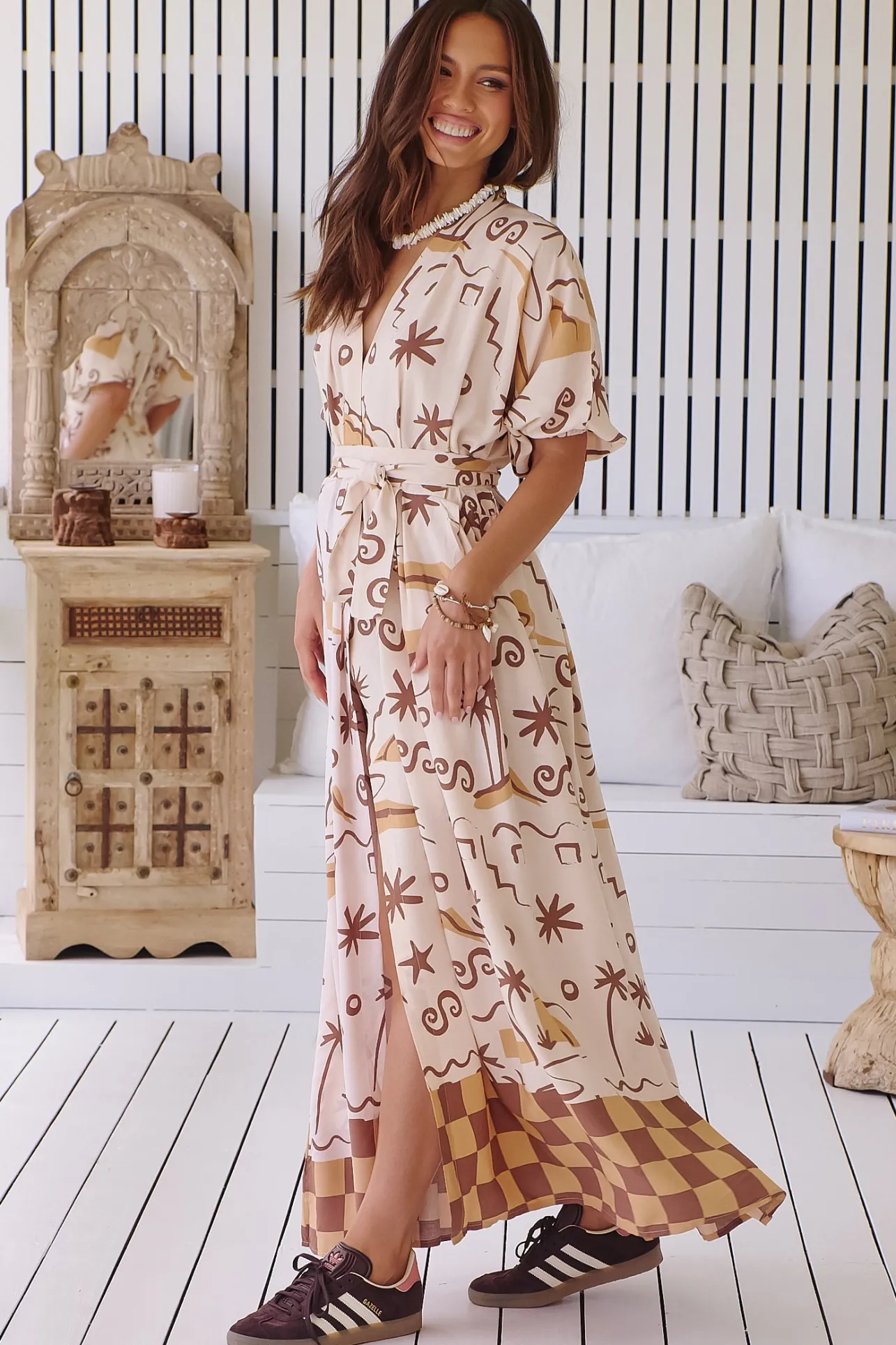 Emerson Wrap Maxi Dress - Balloon Sleeve Kimono Wrap Dress in Tuscan Sands Print>Jaase Hot
