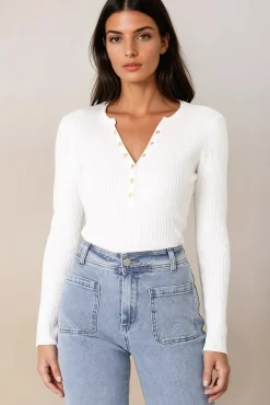 Emilia Knit Top - Gold Button Neckline Ribbed Top in White>Salty Crush Hot