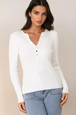 Emilia Knit Top - Gold Button Neckline Ribbed Top in White>Salty Crush Hot