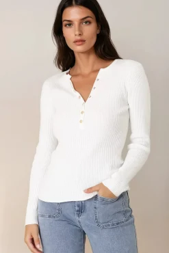 Emilia Knit Top - Gold Button Neckline Ribbed Top in White><noscript><img width=