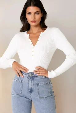 Emilia Knit Top - Gold Button Neckline Ribbed Top in White><noscript><img width=