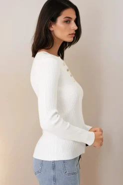 Emilia Knit Top - Gold Button Neckline Ribbed Top in White><noscript><img width=