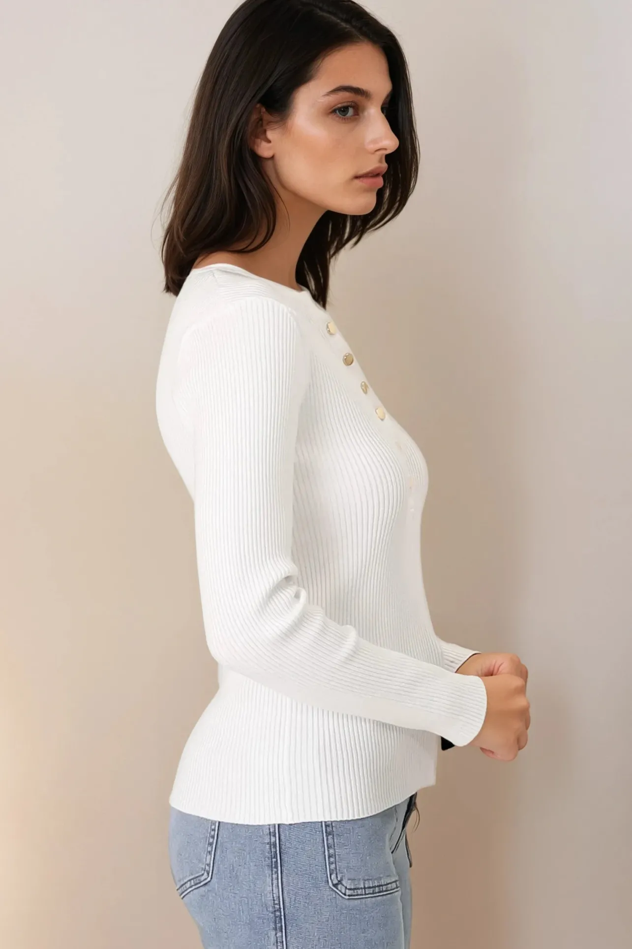 Emilia Knit Top - Gold Button Neckline Ribbed Top in White>Salty Crush Hot