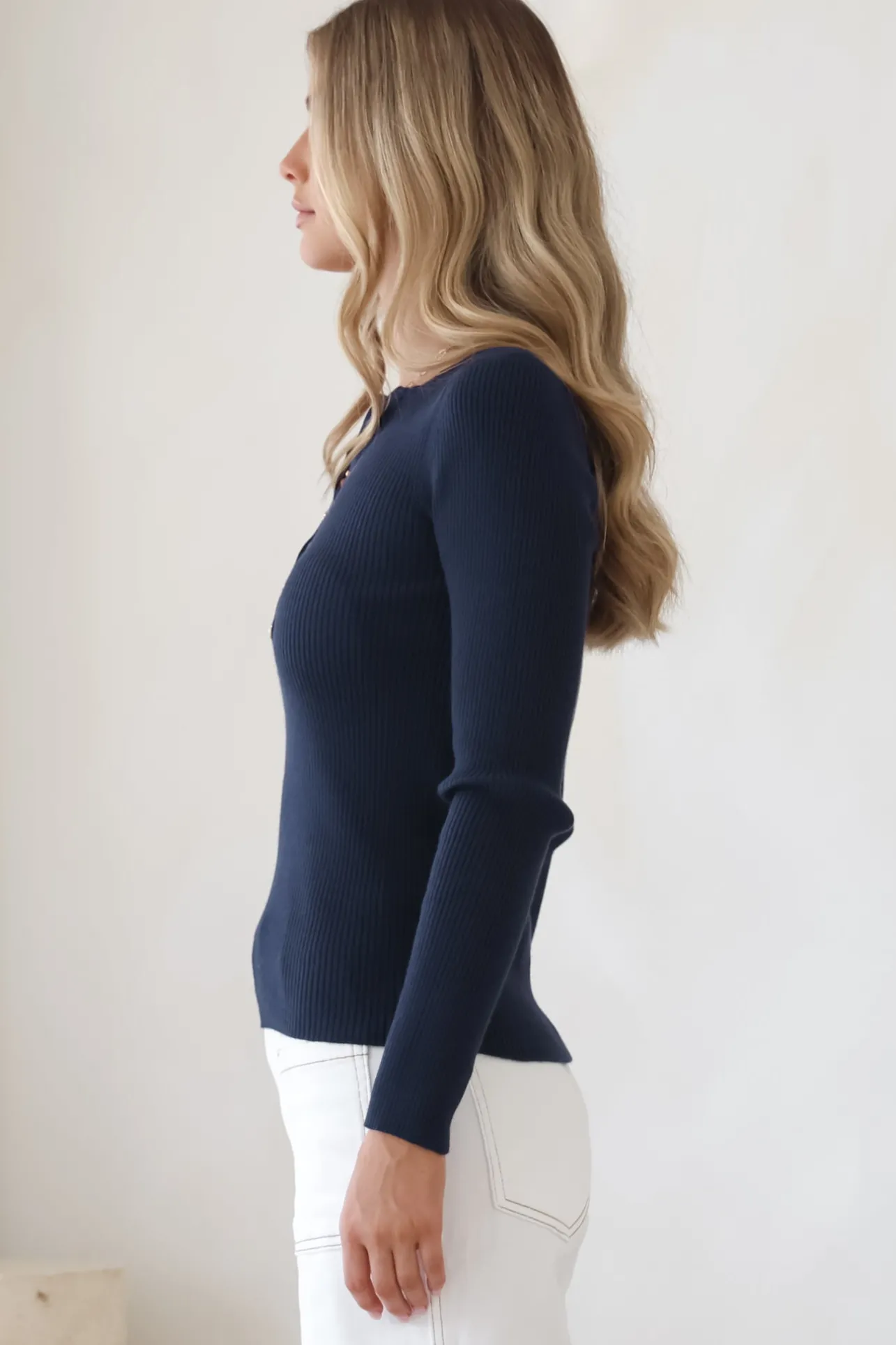 Emilia Knit Top - Gold Button Neckline Ribbed Top in Navy>Salty Crush Clearance