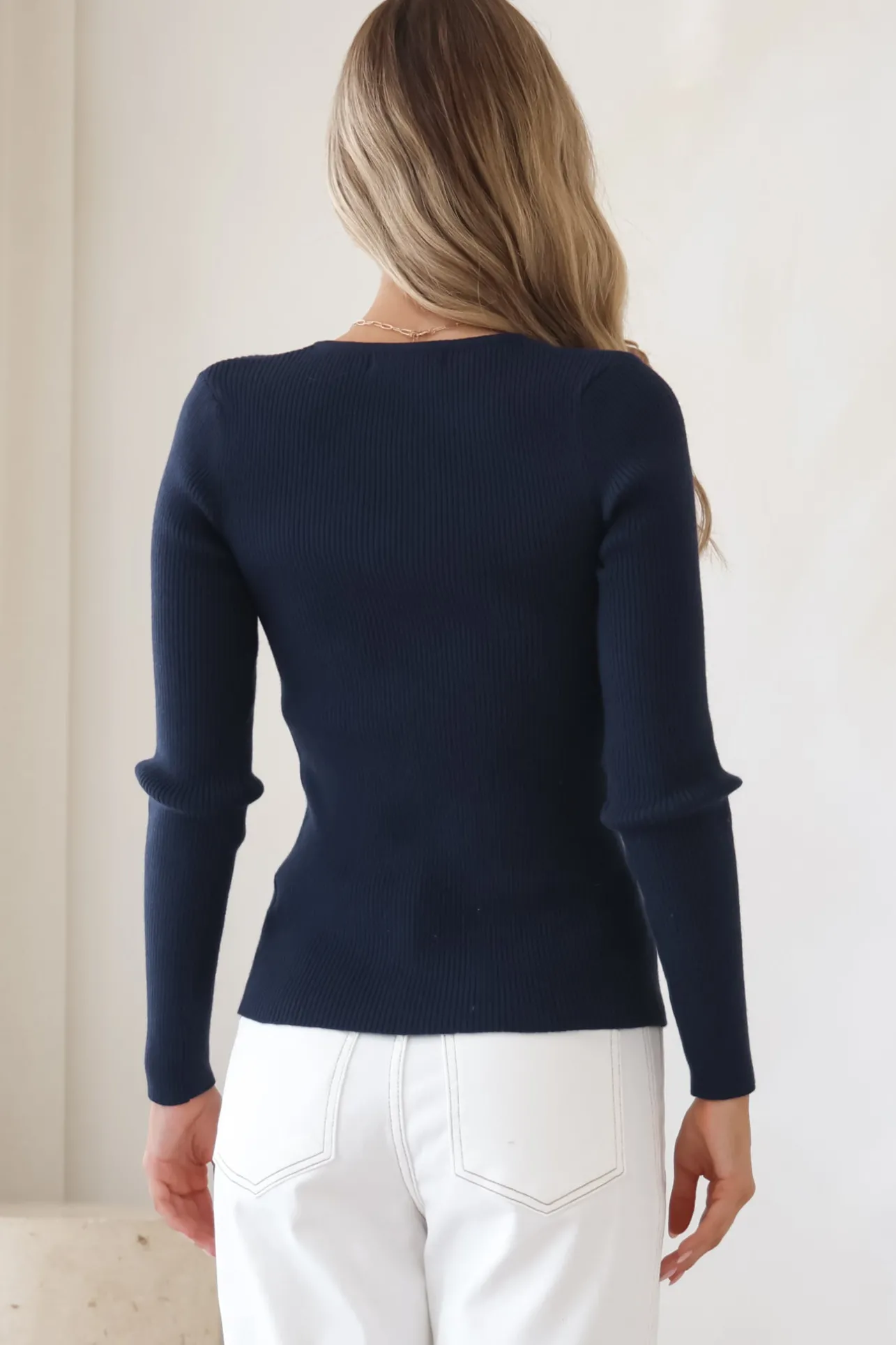 Emilia Knit Top - Gold Button Neckline Ribbed Top in Navy>Salty Crush Clearance