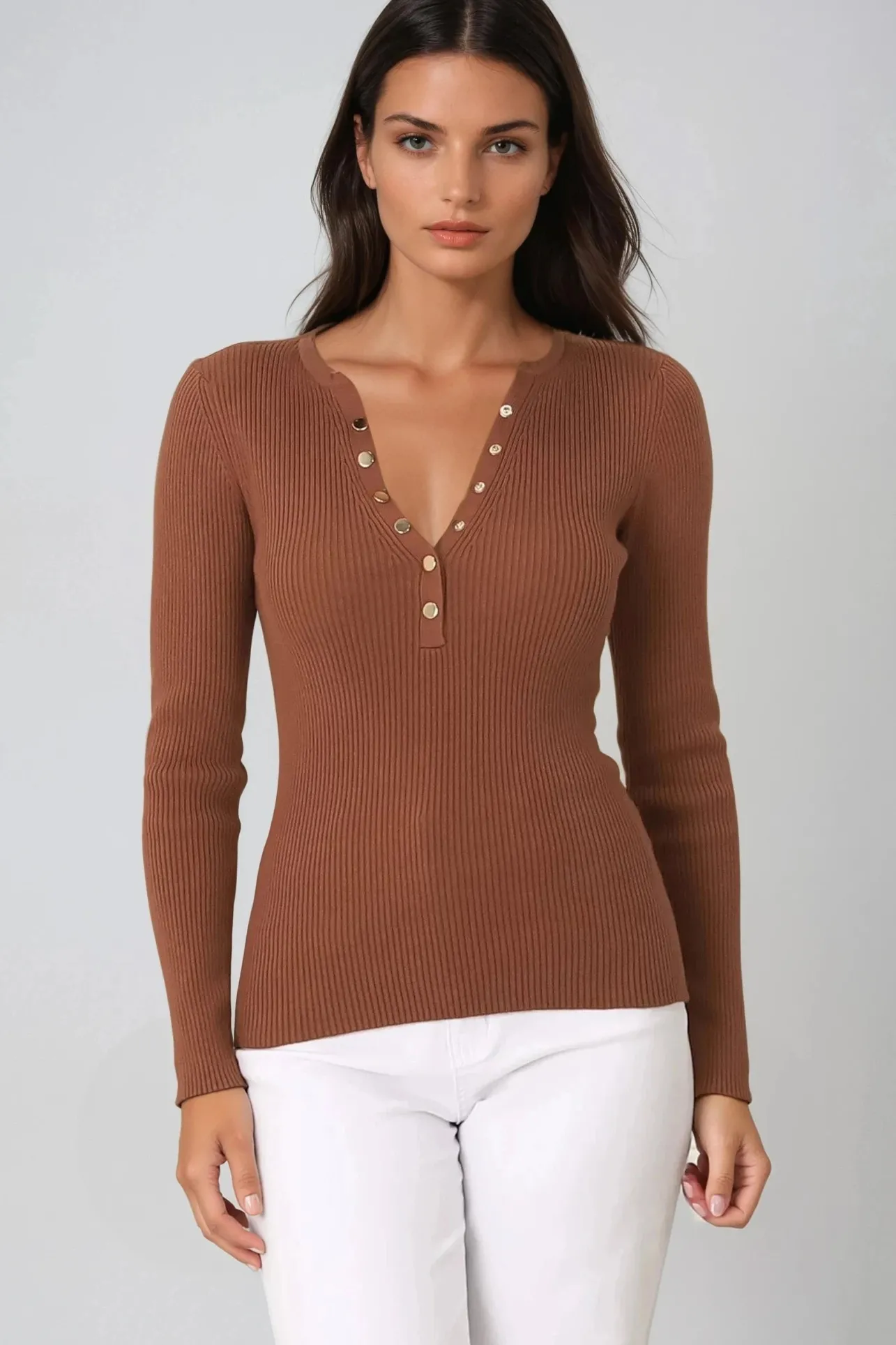 Emilia Knit Top - Gold Button Neckline Ribbed Top in Guava>Salty Crush Discount