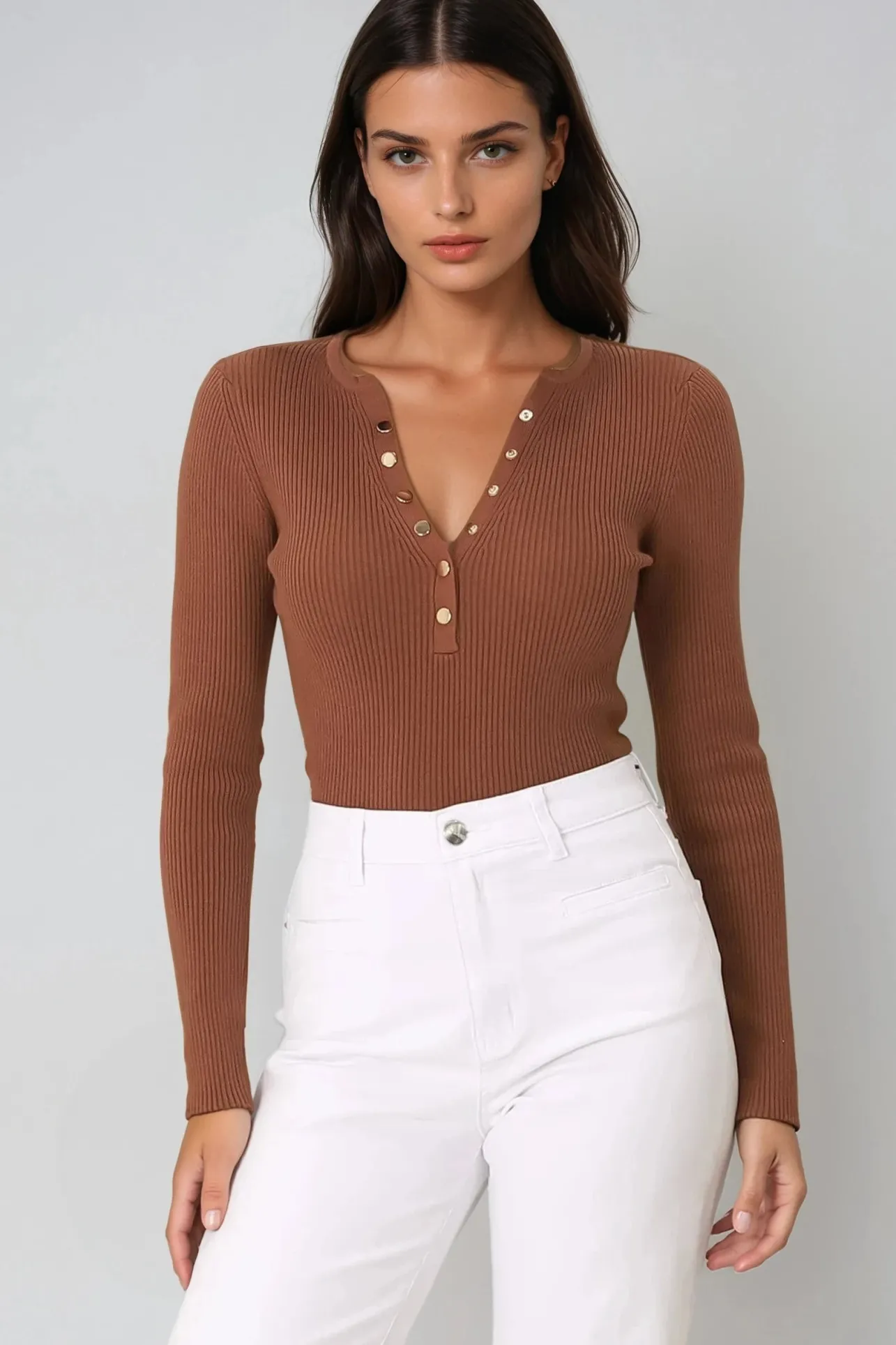 Emilia Knit Top - Gold Button Neckline Ribbed Top in Guava>Salty Crush Discount