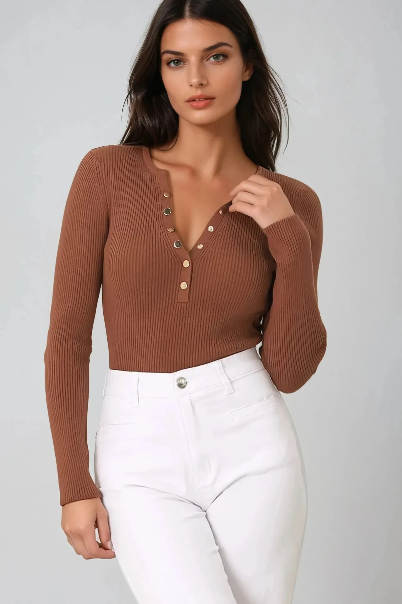 Emilia Knit Top - Gold Button Neckline Ribbed Top in Guava>Salty Crush Discount