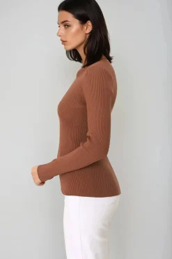 Emilia Knit Top - Gold Button Neckline Ribbed Top in Guava><noscript><img width=