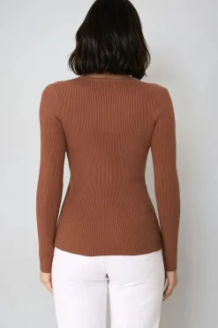 Emilia Knit Top - Gold Button Neckline Ribbed Top in Guava><noscript><img width=