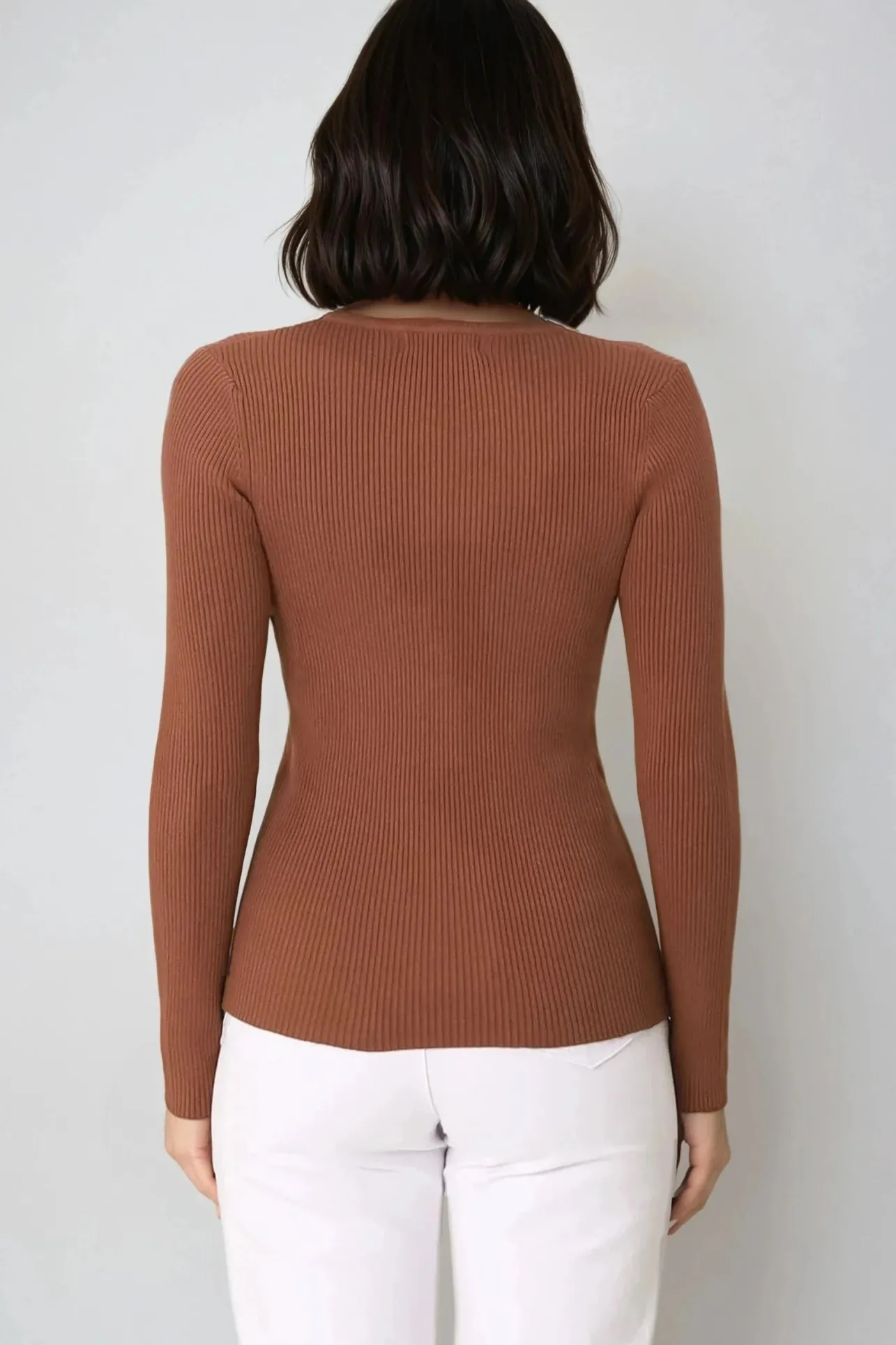 Emilia Knit Top - Gold Button Neckline Ribbed Top in Guava>Salty Crush Discount