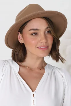 Empire Hat - Hard Brim Fedora with Thin Band Detail in Camel><noscript><img width=