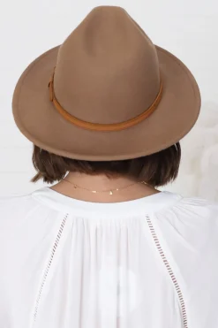 Empire Hat - Hard Brim Fedora with Thin Band Detail in Camel><noscript><img width=