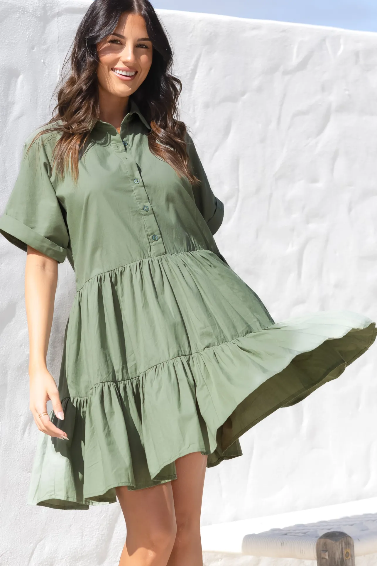Estelle Mini Dress - Collared Tiered Smock Dress in Khaki>Salty Crush New