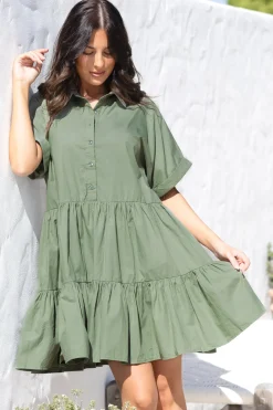 Estelle Mini Dress - Collared Tiered Smock Dress in Khaki><noscript><img width=