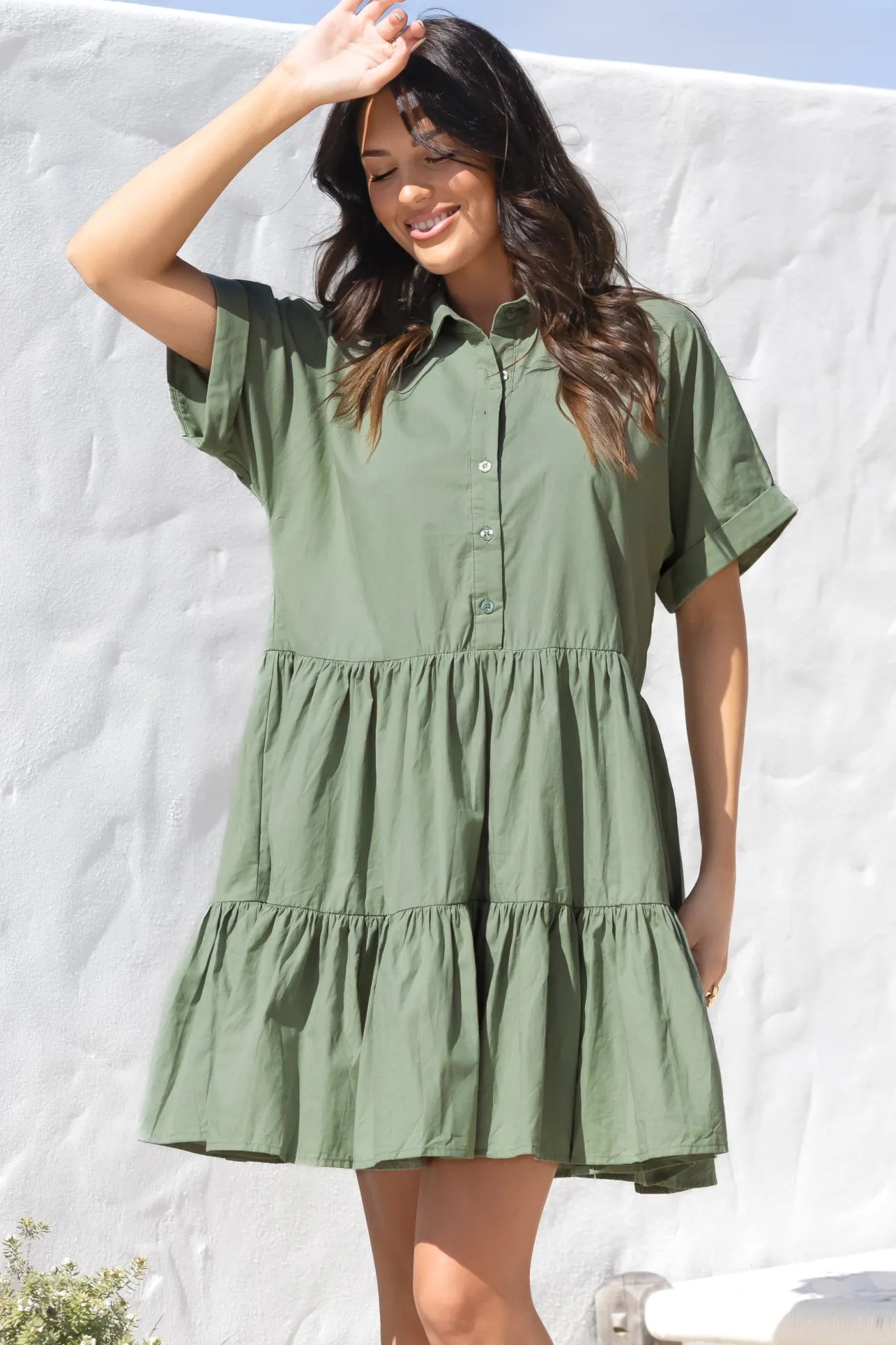 Estelle Mini Dress - Collared Tiered Smock Dress in Khaki>Salty Crush New