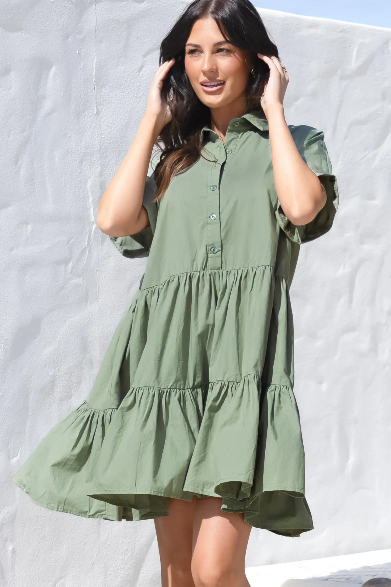 Estelle Mini Dress - Collared Tiered Smock Dress in Khaki>Salty Crush New