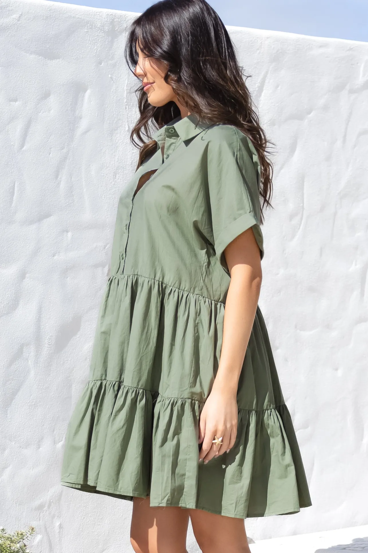 Estelle Mini Dress - Collared Tiered Smock Dress in Khaki>Salty Crush New