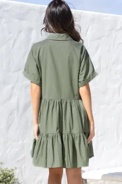 Estelle Mini Dress - Collared Tiered Smock Dress in Khaki><noscript><img width=