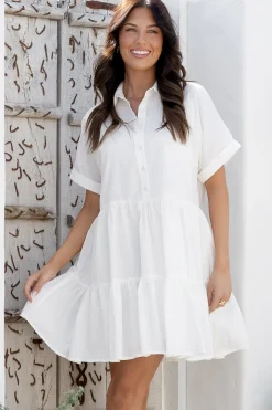 Estelle Mini Dress - Collared Tiered Smock Dress in White>Salty Crush Hot