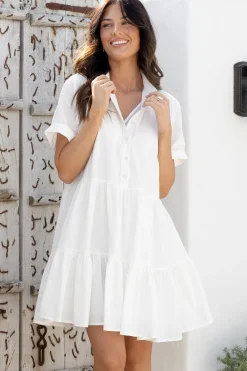 Estelle Mini Dress - Collared Tiered Smock Dress in White><noscript><img width=