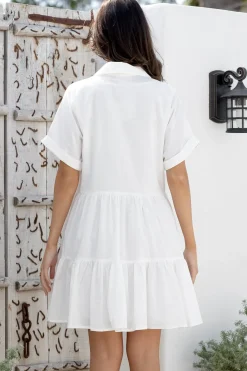 Estelle Mini Dress - Collared Tiered Smock Dress in White><noscript><img width=