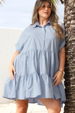 Estelle Mini Dress - Collared Tiered Smock Dress in Light Blue>Salty Crush New