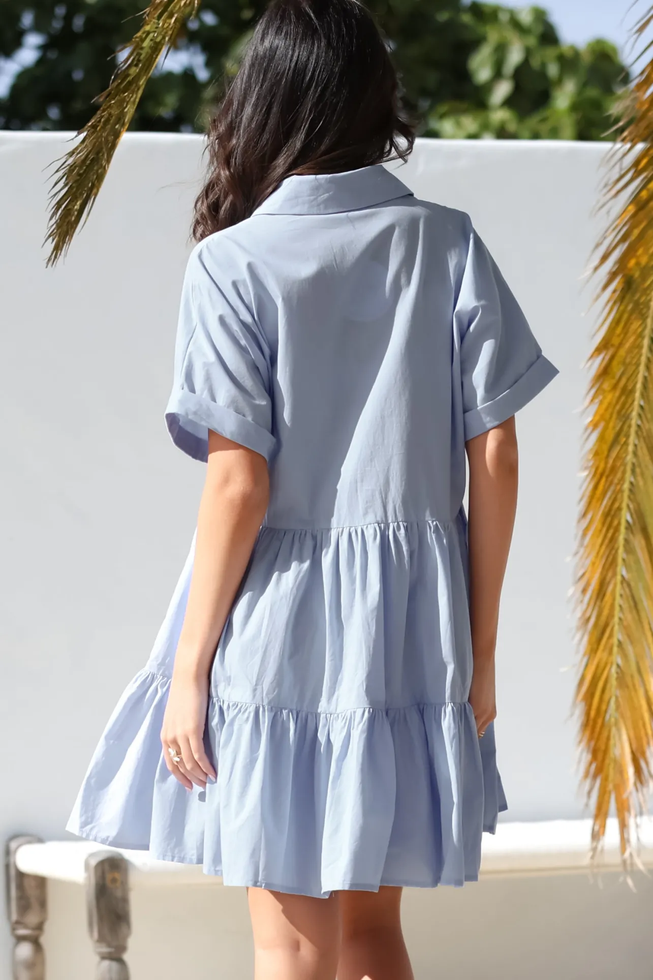 Estelle Mini Dress - Collared Tiered Smock Dress in Light Blue>Salty Crush New