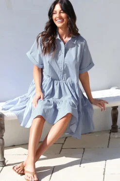 Estelle Mini Dress - Collared Tiered Smock Dress in Light Blue><noscript><img width=