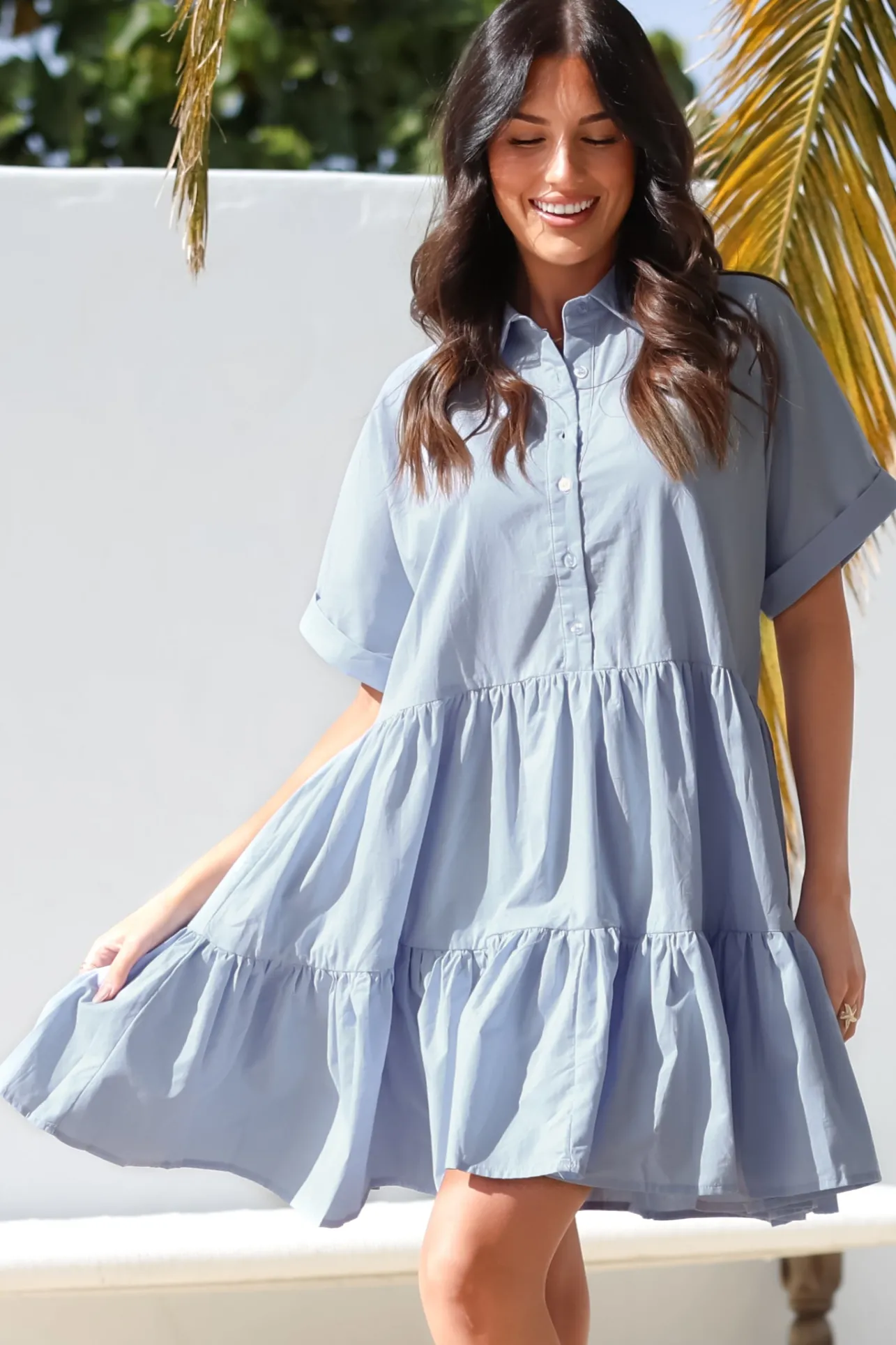 Estelle Mini Dress - Collared Tiered Smock Dress in Light Blue>Salty Crush New