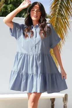 Estelle Mini Dress - Collared Tiered Smock Dress in Light Blue><noscript><img width=
