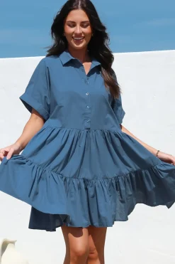 Estelle Mini Dress - Collared Tiered Smock Dress in Dark Blue><noscript><img width=