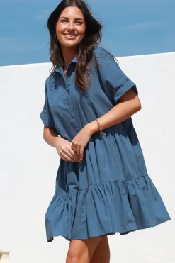 Estelle Mini Dress - Collared Tiered Smock Dress in Dark Blue><noscript><img width=