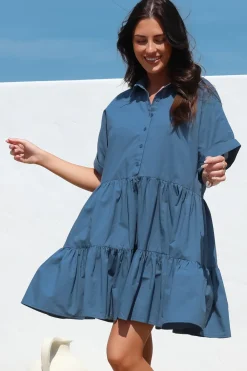 Estelle Mini Dress - Collared Tiered Smock Dress in Dark Blue><noscript><img width=