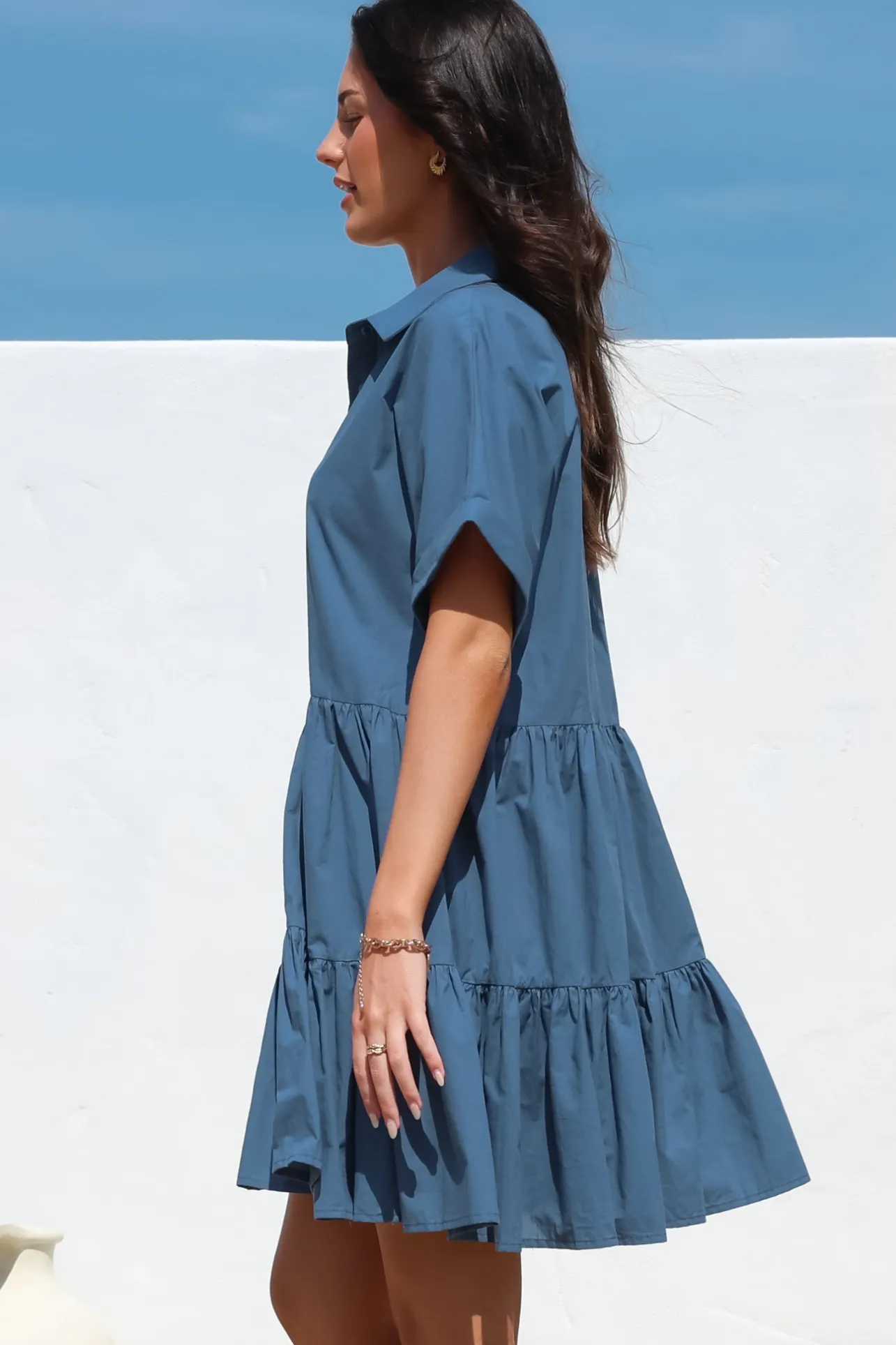 Estelle Mini Dress - Collared Tiered Smock Dress in Dark Blue>Salty Crush Clearance