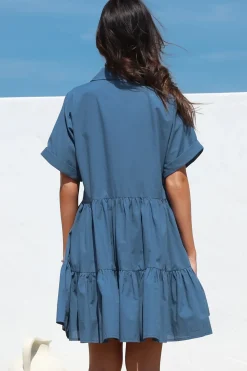 Estelle Mini Dress - Collared Tiered Smock Dress in Dark Blue><noscript><img width=