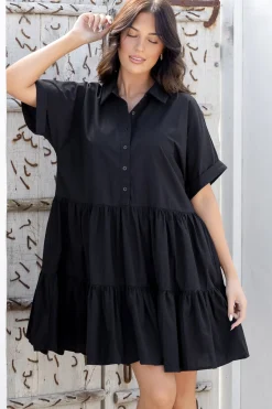 Estelle Mini Dress - Collared Tiered Smock Dress in Black>Salty Crush Best