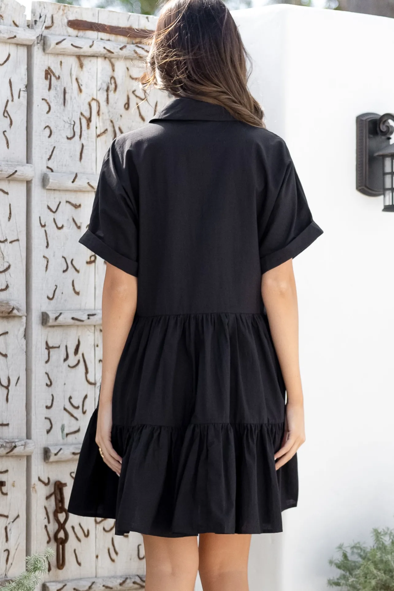 Estelle Mini Dress - Collared Tiered Smock Dress in Black>Salty Crush Best