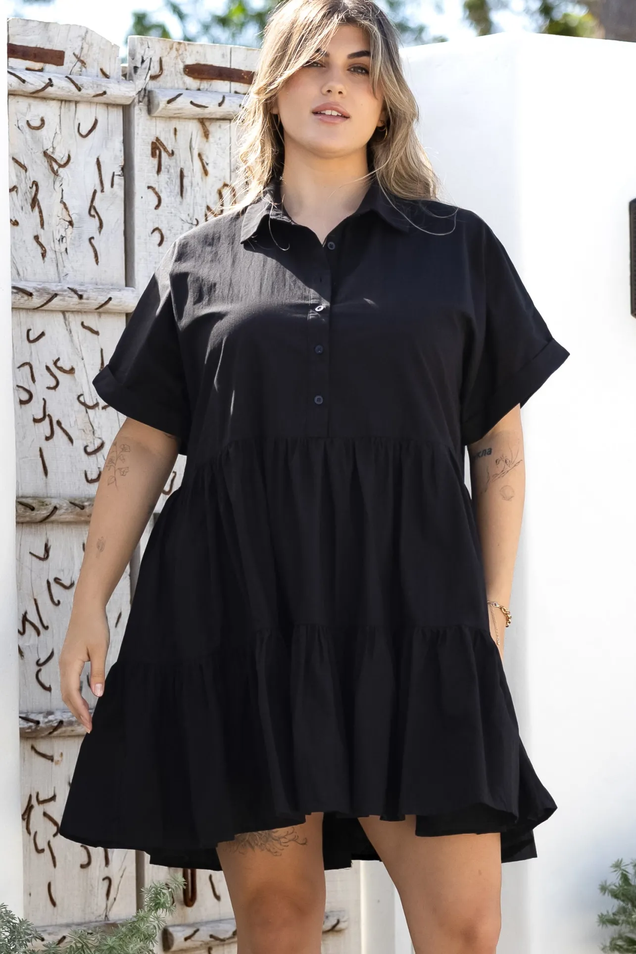 Estelle Mini Dress - Collared Tiered Smock Dress in Black>Salty Crush Best