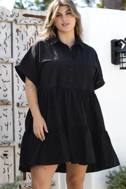 Estelle Mini Dress - Collared Tiered Smock Dress in Black><noscript><img width=