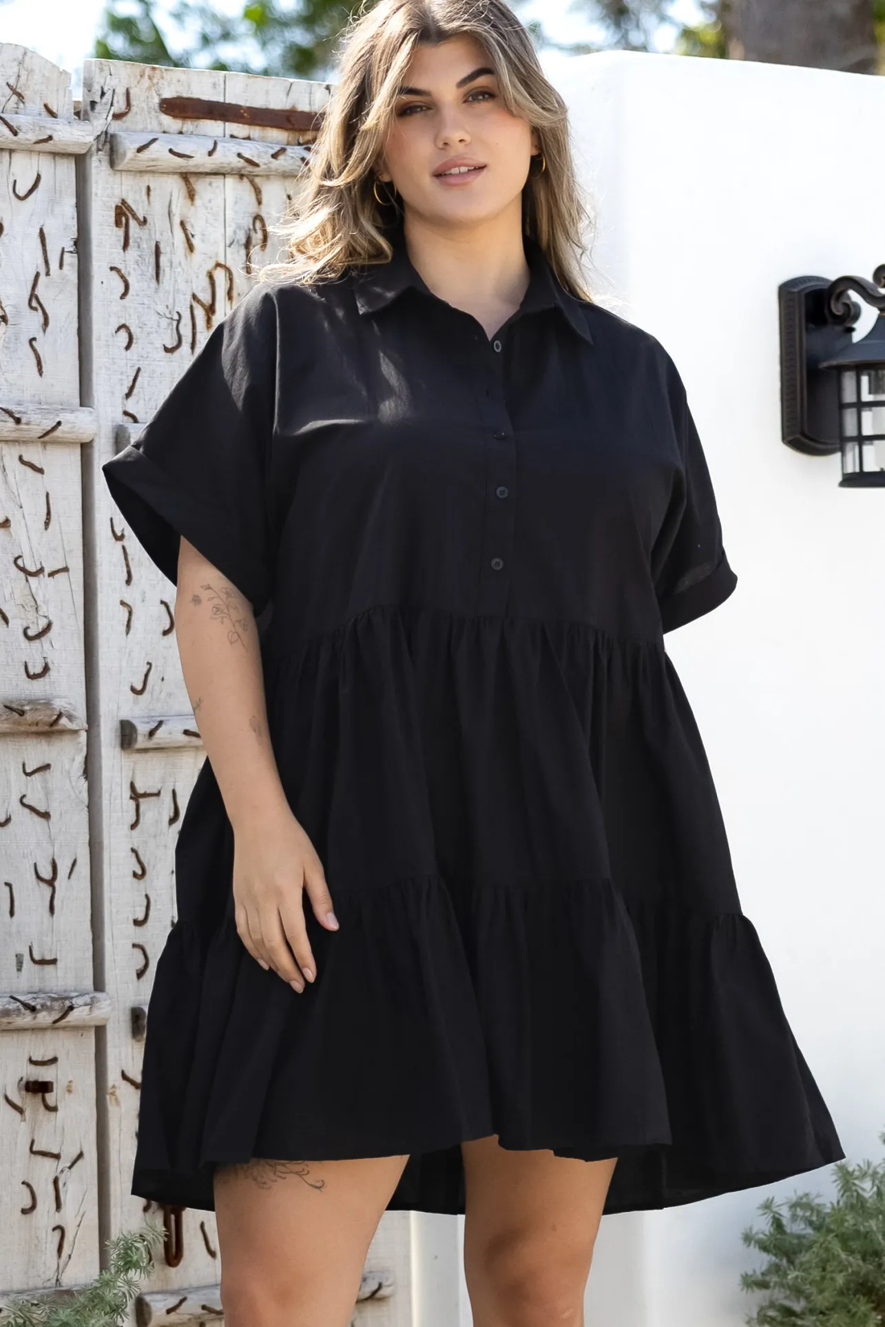 Estelle Mini Dress - Collared Tiered Smock Dress in Black>Salty Crush Best