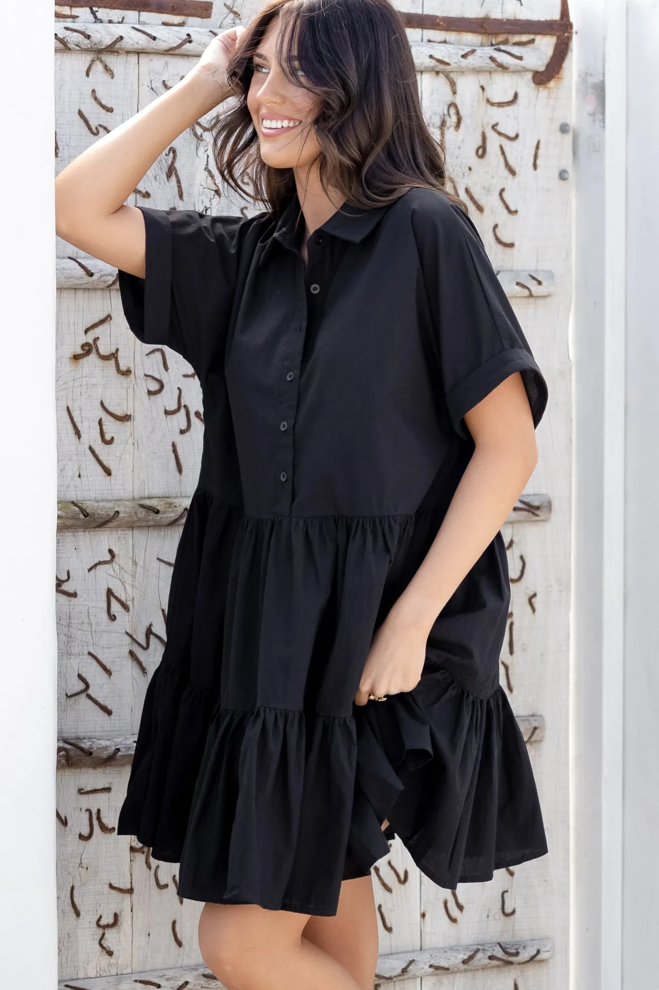 Estelle Mini Dress - Collared Tiered Smock Dress in Black>Salty Crush Best